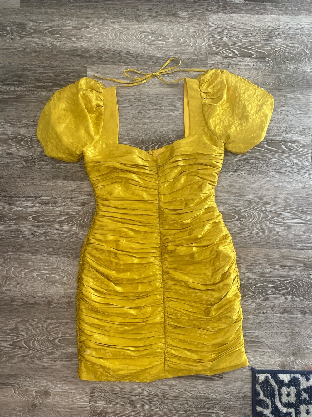 Adelyn Rae Yellow Ruched Puff-Sleeve Mini Dress